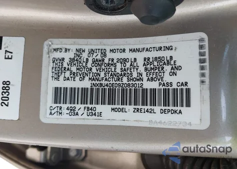 2009 Toyota Corolla Le z USA, uszkodzony, nr VIN 1NXBU40E09Z083012